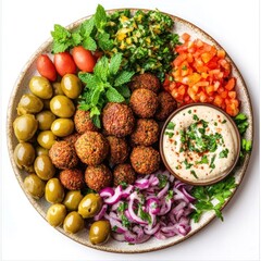 A vibrant platter featuring falafel, vegetables, olives, and hummus for sharing and enjoyment.