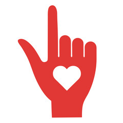 A red hand with a white heart points upwards, symbolizing care and compassion.