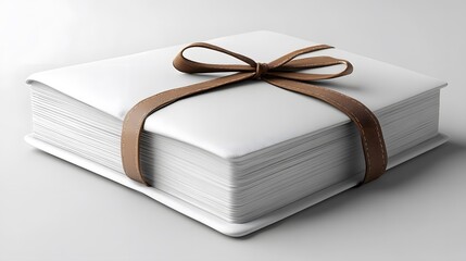 A white book gift wrapped with a brown ribbon bow.