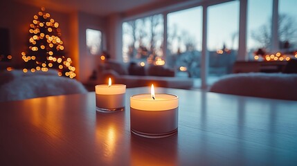 Two lit candles on a table near a Christmas tree