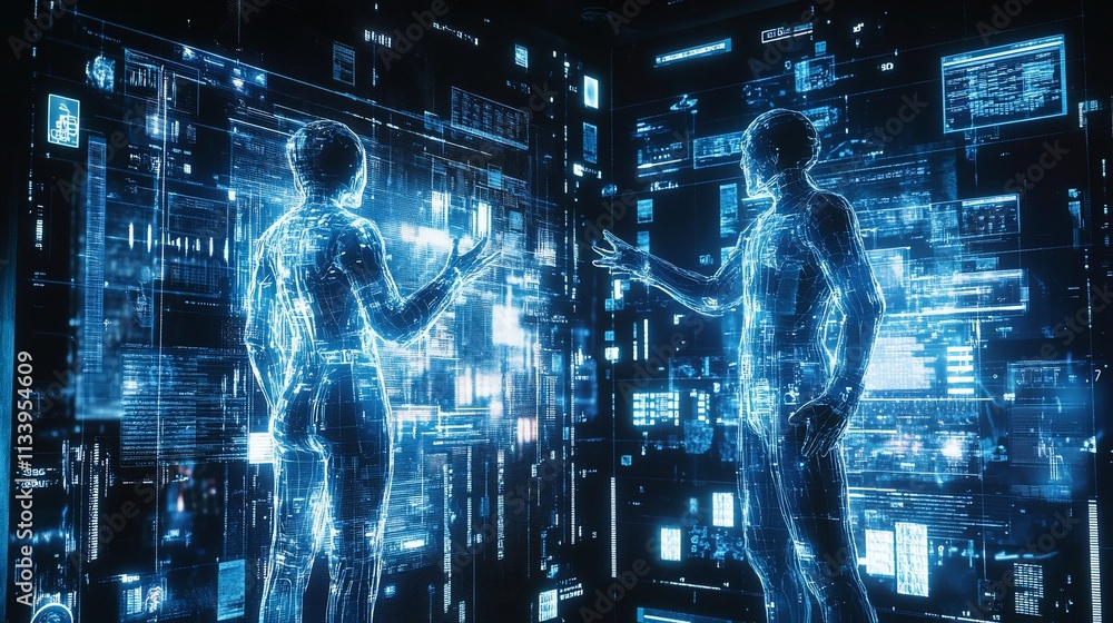 Poster two digital figures interacting amidst a futuristic data environment.