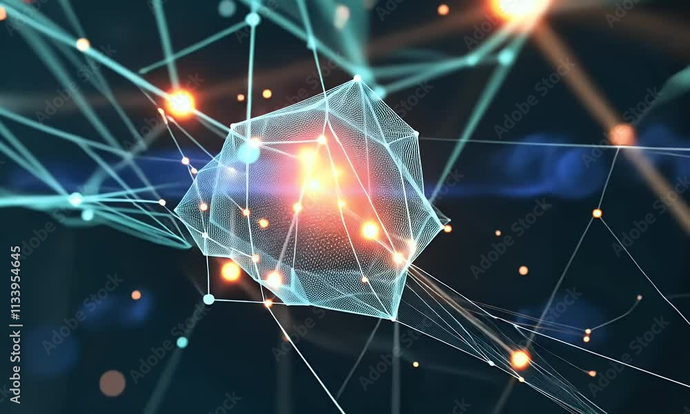 Poster Abstract technology background of a quantum computing system with processor and electronic circuit. Artificial neurons, global data connections


