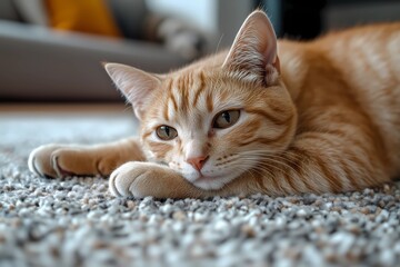 Adorable ginger cat with bright blue eyes lounging on a soft surface, radiating warmth and comfort in an intimate interior setting