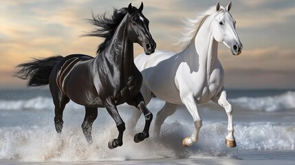 Obraz premium Two majestic horses, one black and one white, gallop through ocean waves.