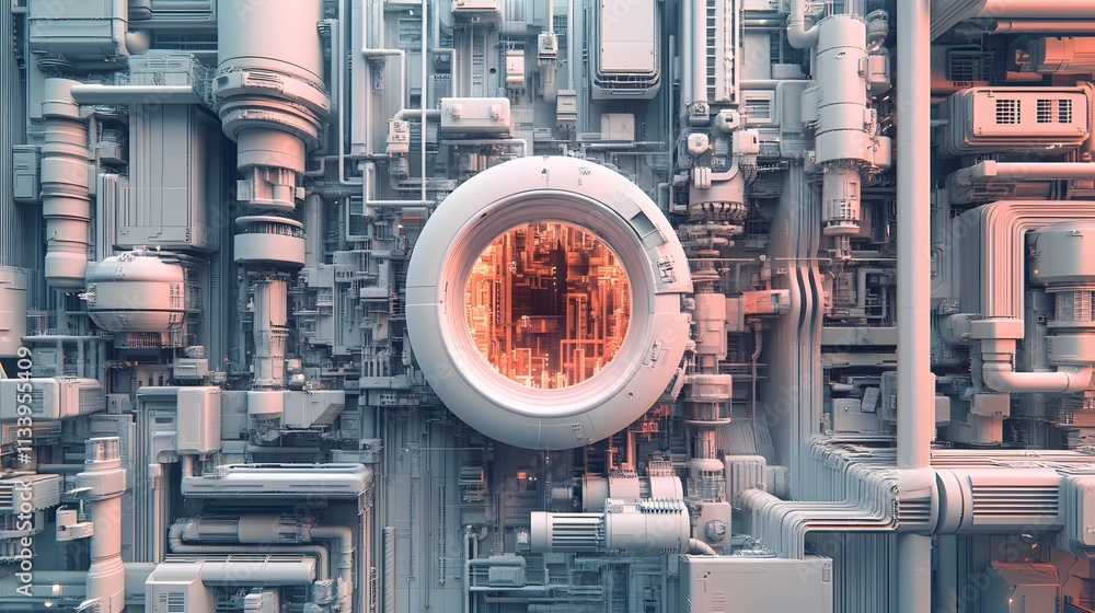 Poster abstract 3d rendering of complex machinery with a central circular portal revealing an orange interi