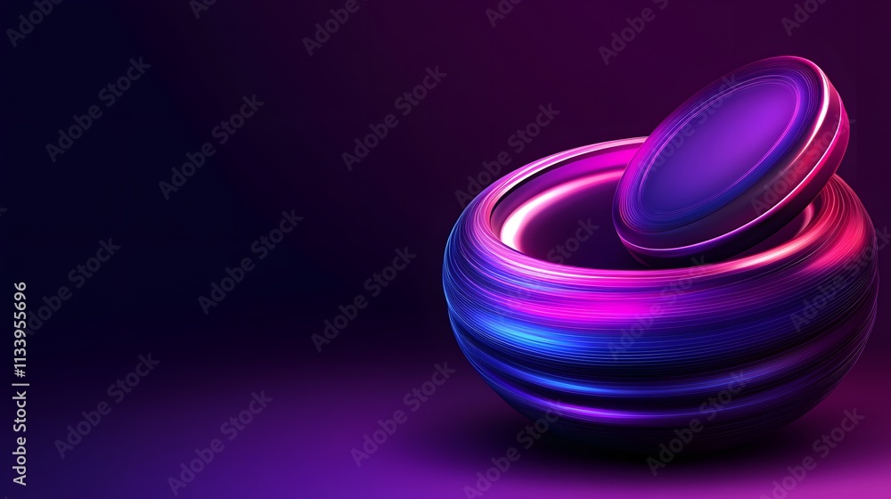 Poster abstract 3d sphere with neon glowing lines and open lid on dark background.