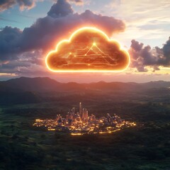 Obraz premium Ethereal Digital Cloud Hovers Above Hyper Advanced Futuristic Metropolis in Verdant Valley