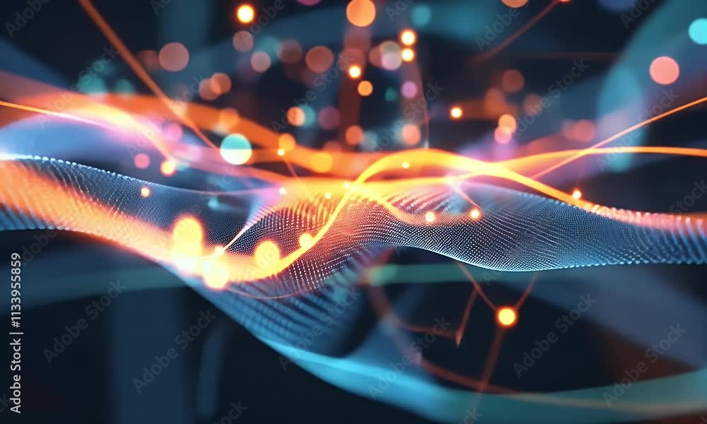 Poster Abstract technology background of a quantum computing system with processor and electronic circuit. Artificial neurons, global data connections


