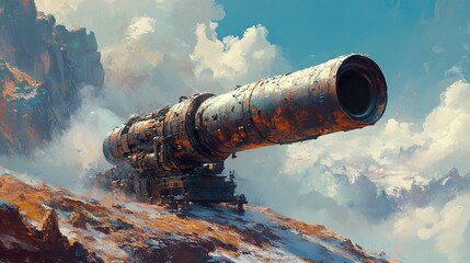 Rusty Giant Cannon in a Post-Apocalyptic Landscape