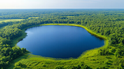 serene blue lake surrounded by lush green forests under sunlight, symbolizing tranquility, harmony with nature, and the contrast between calmness and chaos