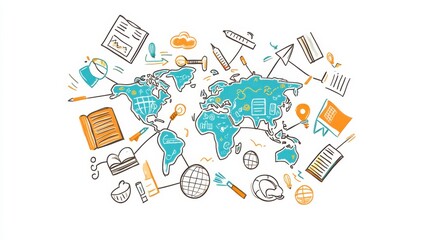 Colorful World Map Illustration with Educational Symbols and Graphics Ideal for Learning and Teaching Contexts Featuring Books, Globes, and Tools