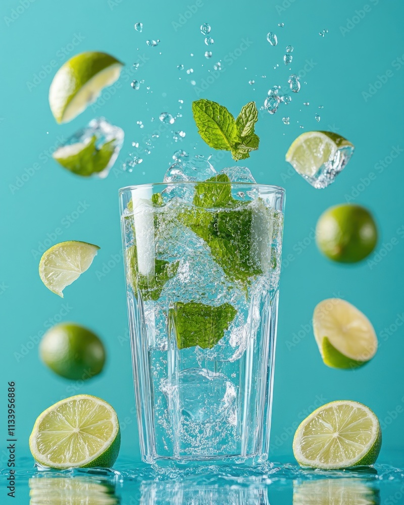 Poster a refreshing drink with mint and lime splashing in a glass, evoking summer vibes.