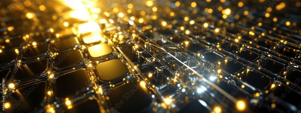 Poster abstract futuristic technology background featuring glowing yellow lights on a dark grid, showcasing