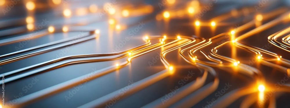 Poster abstract close-up of glowing circuitry with illuminated paths, intricate lines, and soft reflections