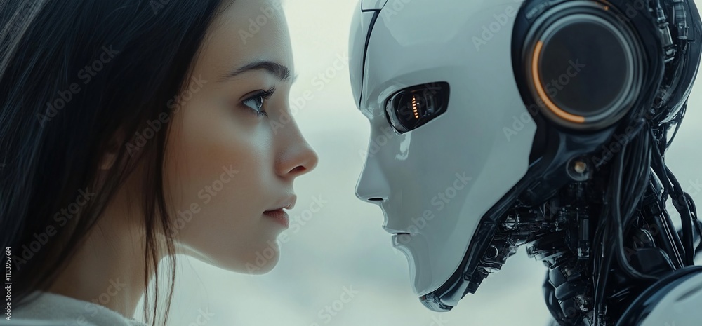 Poster a close-up of a human and a humanoid robot, exploring connection and technology.