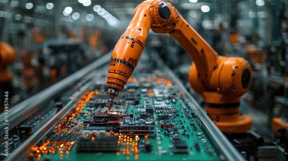 Aufkleber orange robotic arm assembling circuit board on automated production line.