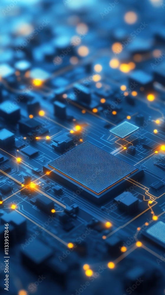 Poster close-up view of electronic circuit board with microchip and glowing lights depicting modern technol