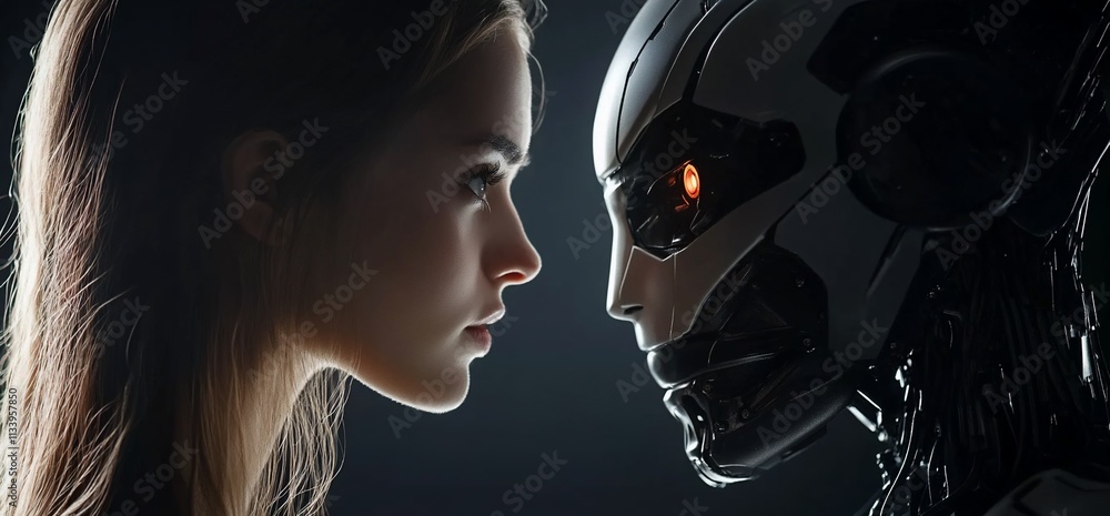 Poster a close encounter between a woman and a humanoid robot, exploring ai themes.