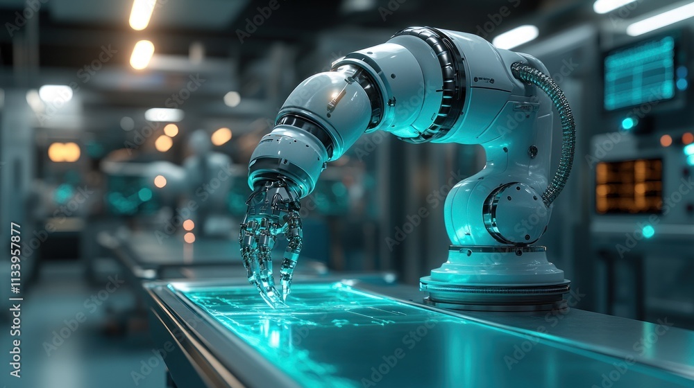 Poster robotic arm performing precision task in futuristic lab.