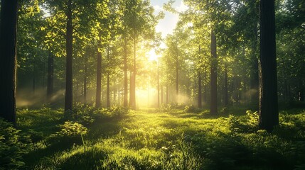 Fototapeta premium A cinematic shot of a misty forest at dawn, with sunlight filtering through the trees, creating a serene and mystical background.