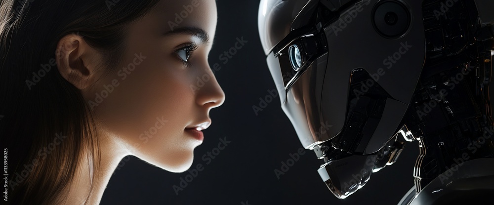 Poster A close-up of a human and a robot face-to-face, exploring connection.