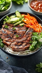 A vibrant bowl of grilled meat, noodles, and fresh vegetables, served with sauce.