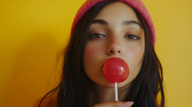 Young woman enjoying a red lollipop against a bright yellow background for Valentine's Day