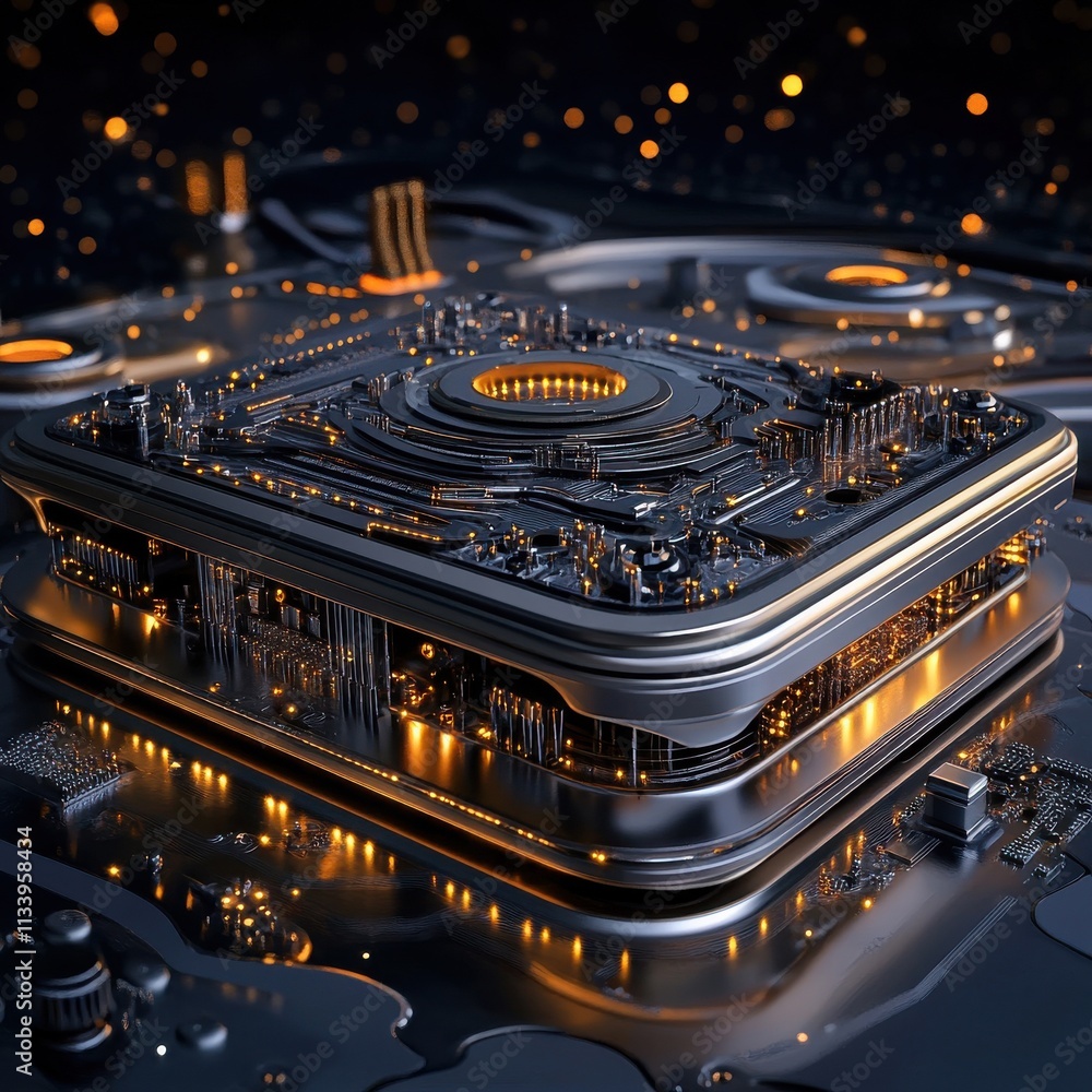 Poster futuristic circuit board with golden accents and intricate details showcasing advanced technology an