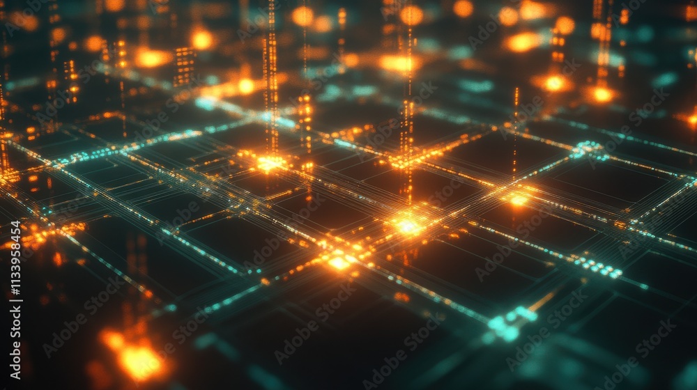 Poster abstract digital grid with glowing lights and patterns