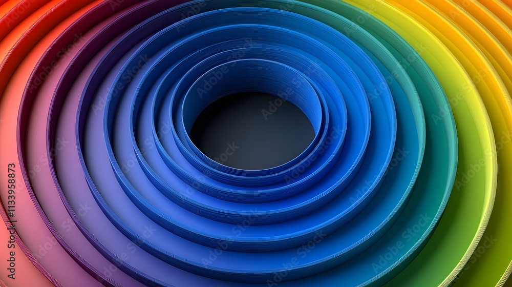Poster abstract colorful concentric circles receding into a dark center.