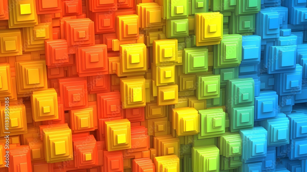 Poster abstract colorful geometric pattern of stacked squares in rainbow hues.