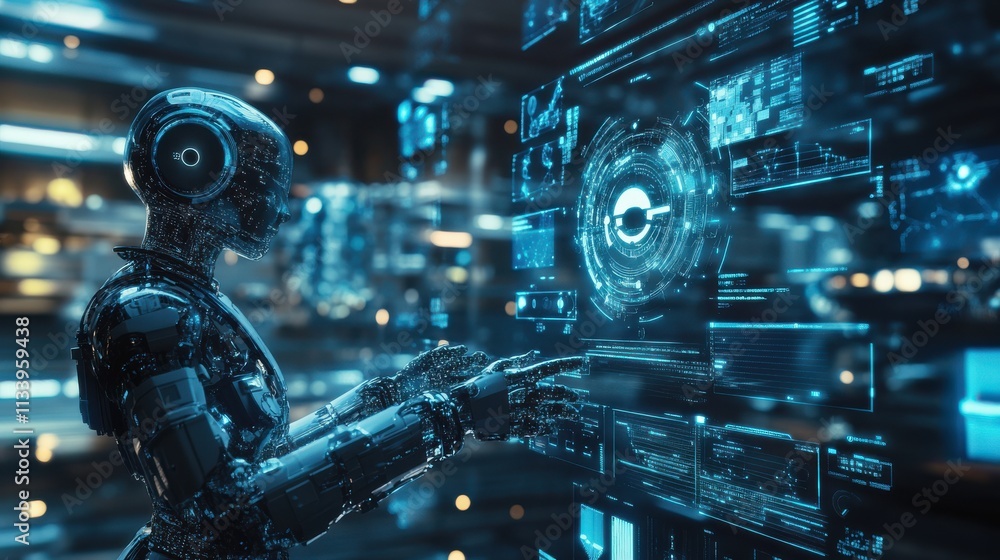Poster futuristic robot interacting with digital interface