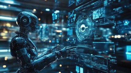 Fototapeta premium Futuristic robot interacting with digital interface