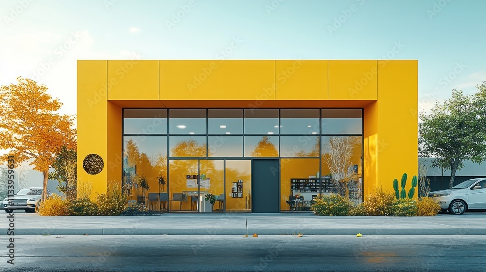 Poster modern yellow building with large windows and surrounding greenery.
