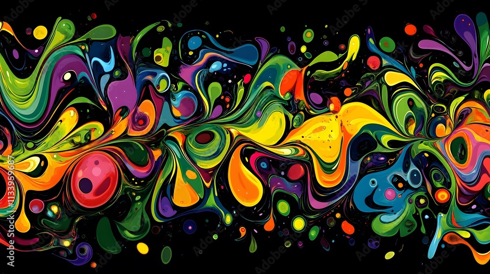 Poster abstract colorful swirls and blobs on black background.