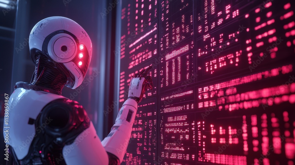 Poster futuristic robot interacting with digital interface