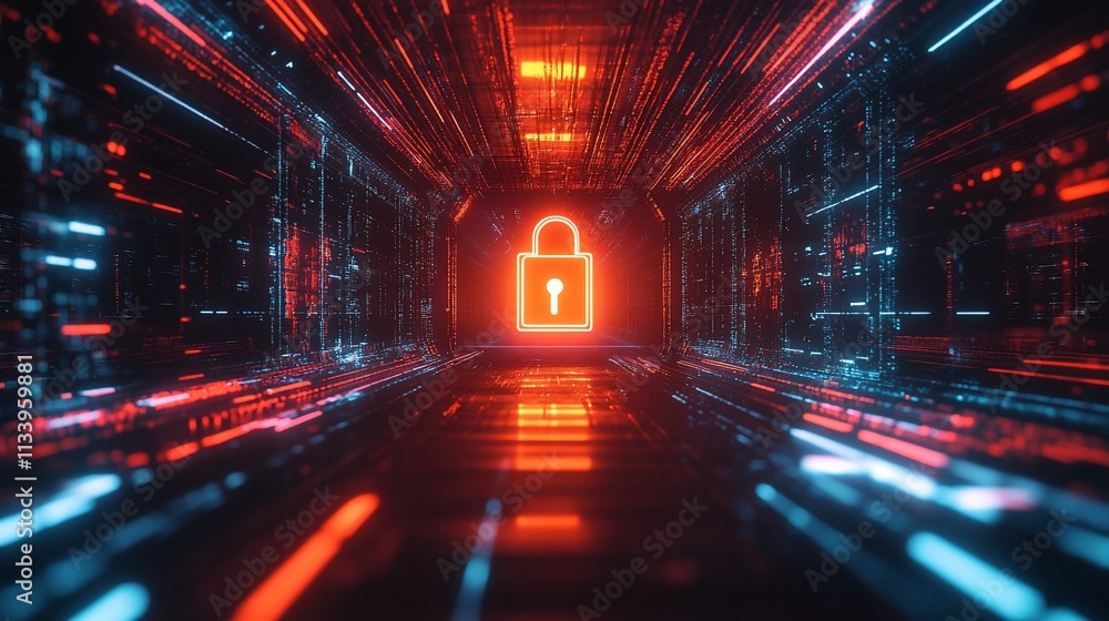 Poster a futuristic digital tunnel with a glowing padlock symbolizing security.
