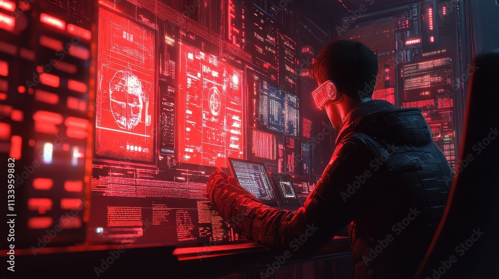 Poster futuristic digital workspace with technology and data visuals