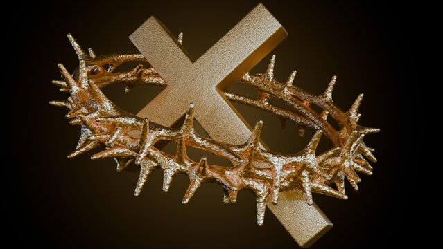 A 3d rendering of crown of thorns, a symbol of suffering and redemption, rests gently upon the cross, its sharp points a stark reminder of the price paid for salvation.