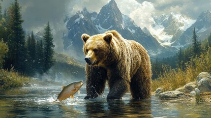Obraz premium A grizzly bear holding a salmon in its mouth, with the river flowing in the background.