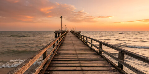 Obraz premium Weathered Wooden Pier at Sunset