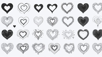 Collection of different black heart illustrations, Hand drawn hearts. Vector symbol icon set—illustration design. 