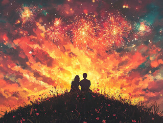 A silhouette of a couple sitting on a mountain with flower ai generated