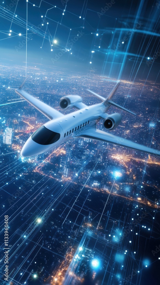 Poster aerial view of a futuristic jet over a cityscape with digital connections and data visualization rep