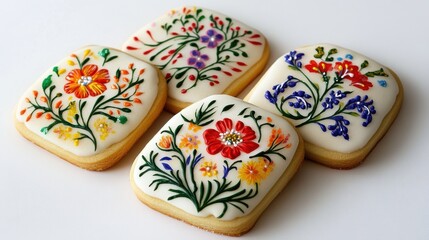Colorful Floral Decorated Cookies on White Background