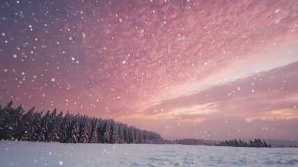 Panoramic view of a serene forest under dreamy soft pink snowfall sky at dusk. Magical nature winter wonderland scene design for girly wallpaper background, web header and web banner.
