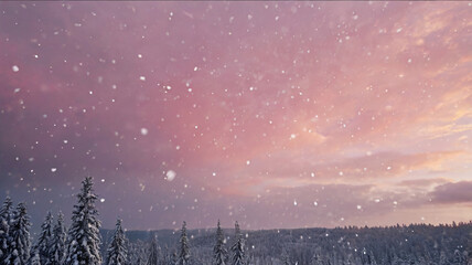 A serene snow-covered pine forest under a magical pink sunset sky with soft snowfall. Beautiful nature winter landscape scene design for girly wallpaper background, header and banner.