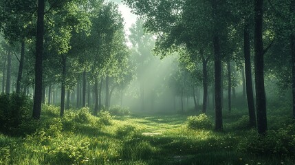 A cinematic shot of a misty forest at dawn, with sunlight filtering through the trees, creating a serene and mystical background.
