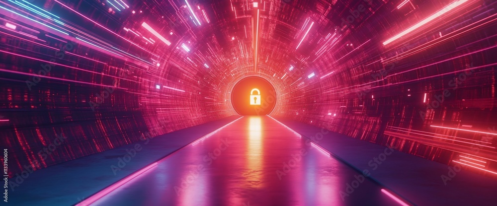 Poster a futuristic tunnel with glowing lights and a lock symbol at the end.