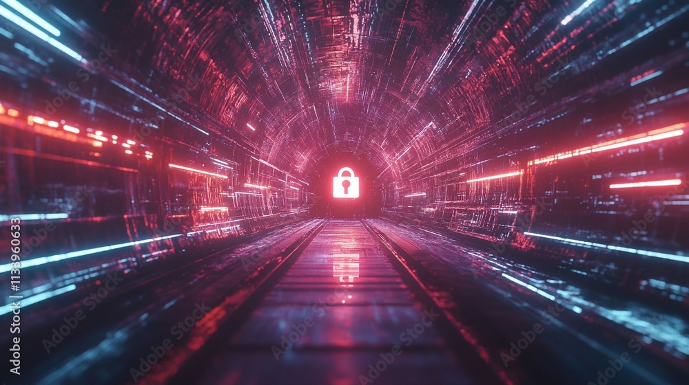 Poster a futuristic tunnel with a glowing lock symbol, suggesting security and technology.